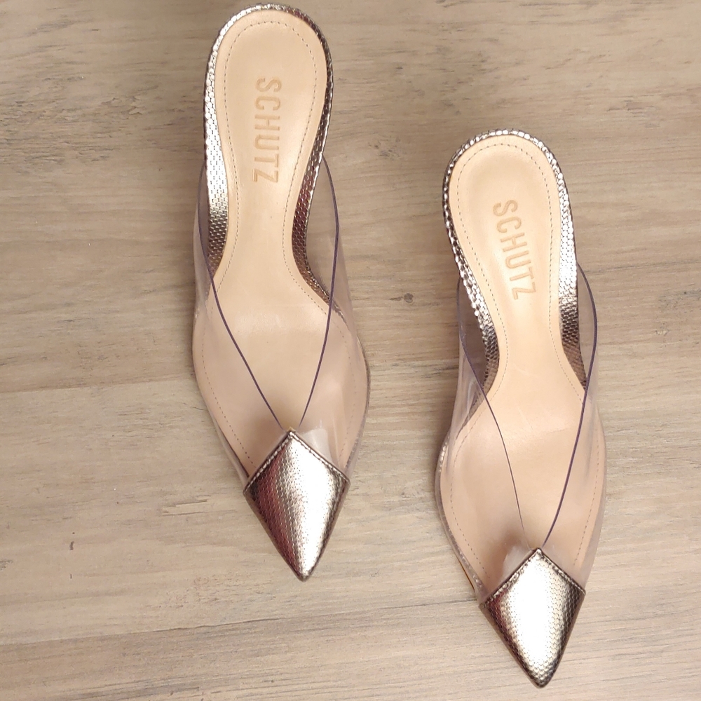 Eugenia Metallic Leather & Vinyl Mule - 6.5 / Steel / Emossed Metallic Leather &